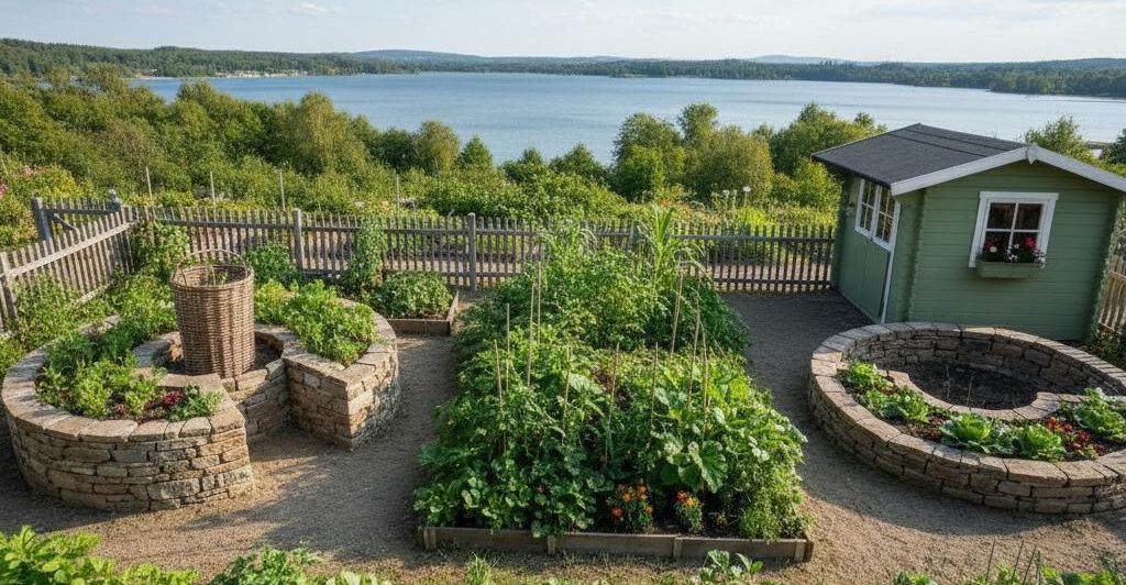 Zwei runde Steinbeete im Garten mit Seeblick, linkes Beet mit Weidenkorb-Kompost, rechtes Beet bepflanzt, Gartenhaus im Hintergrund