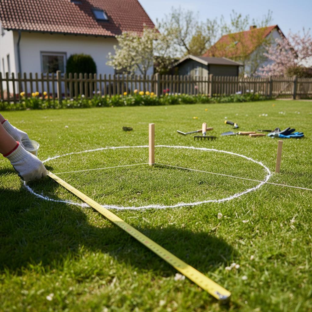 Abstecken der kreisförmigen Grundfläche für Keyhole-Garten auf Rasen mit Holzstab, Schnur und weißer Markierung, Gartenwerkzeuge bereit