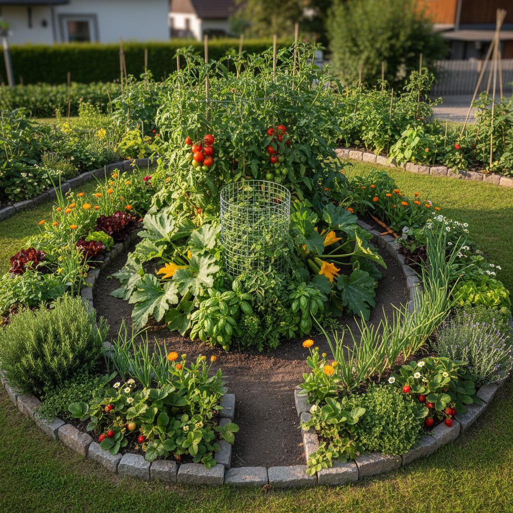 Moderner Keyhole Garden mit Beeten, die das Lioch umranden