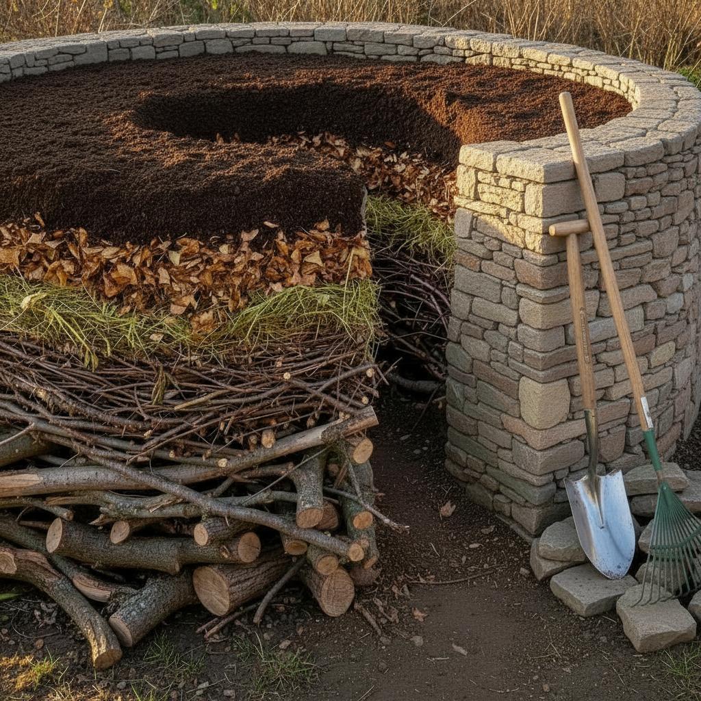 Schichtaufbau im Keyhole-Garten sichtbar: Natursteinmauer, grobe Äste als Drainage, Laub und Kompost, Spaten und Rechen als Werkzeuge