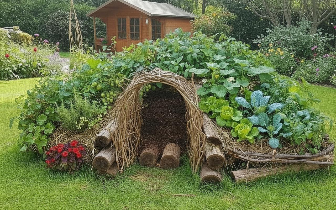 Fertiges Keyhole-Beet mit Steinumrandung, zentraler Drahtkorb für Kompost, Zonenbepflanzung mit Tomaten, Zucchini, Salat und Kräutern, keilförmiger Zugang