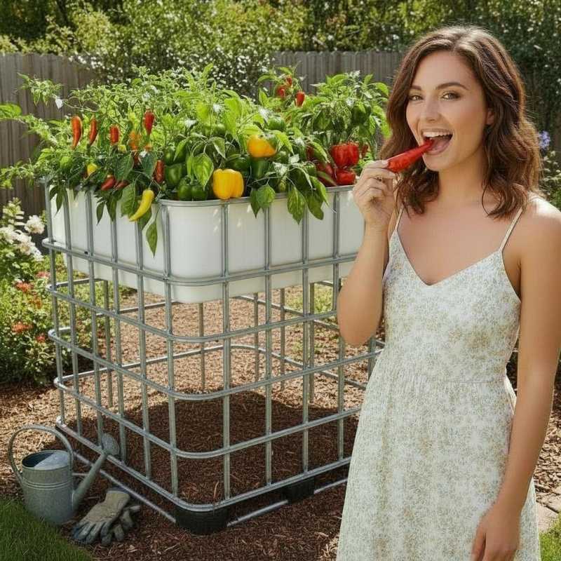 IBC-Hochbeet für Paprika und Chili – erfolgreiche Ernte Frau erntet frische Chili vor IBC-Hochbeet mit Paprika- und Chili-Pflanzen, bunte Früchte in verschiedenen Farben, Gießkanne und Gartenhandschuhe bereit