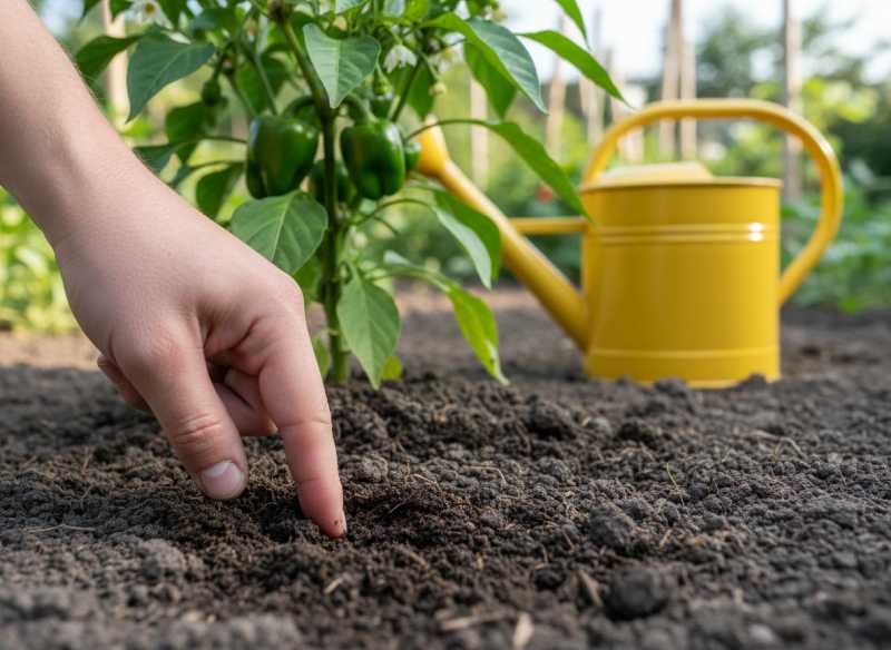 Fingerprobe bei Paprika – Wasserbedarf richtig prüfen Fingerprobe im Gartenboden neben Paprika-Pflanze, Hand testet Bodenfeuchtigkeit 3-5 cm tief, gelbe Gießkanne im Hintergrund, richtige Gießmethode