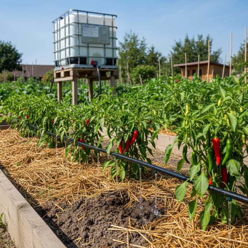 Tropfbewässerung mit IBC-Container – wassersparend Chili gießen IBC-Container auf Podest zur Regenwasser-Bewässerung, Chili-Beet mit Tropfbewässerungssystem, schwarze Tropfschläuche, Stroh-Mulch, rote und grüne Chilis