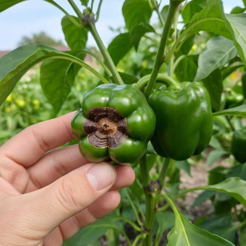 Blütenendfäule bei Paprika erkennen – Gießfehler vermeiden Hand hält grüne Paprika mit Blütenendfäule, brauner eingesunkener Fleck am Blütenende, Kalziummangel durch ungleichmäßiges Gießen, Pflanzenkrankheit