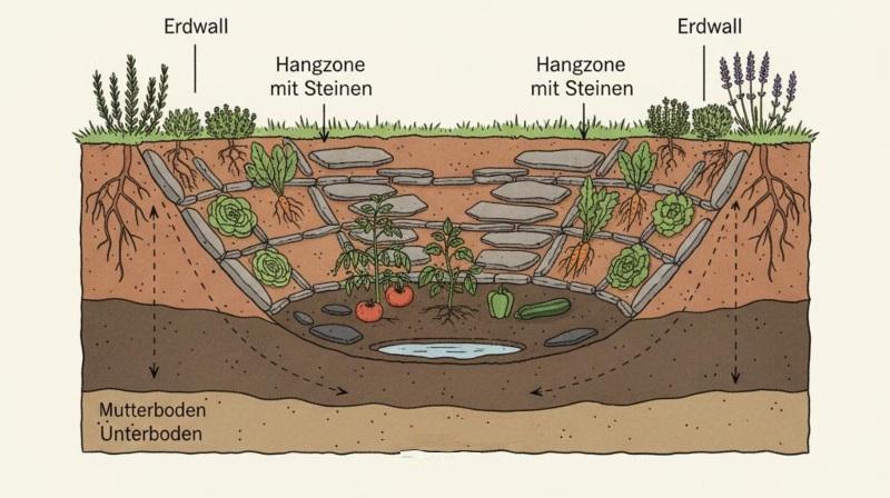 Der Aufbau eines Kraterbeets bietet viele Vorteile Schematische Darstellung des Kraterbeets