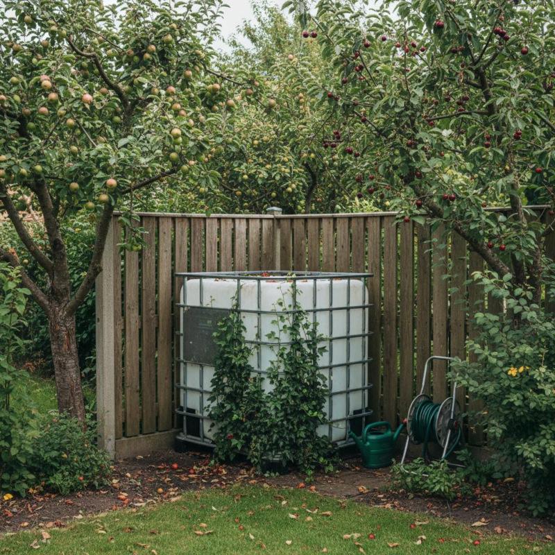 1000l IBC Wassertank Rebottled »FOOD« DN150/50 auf PE-Palette (Neuwertig) IBC-Container als Regenwasserspeicher im deutschen Hausgarten zwischen Apfelbäumen und Holzzaun