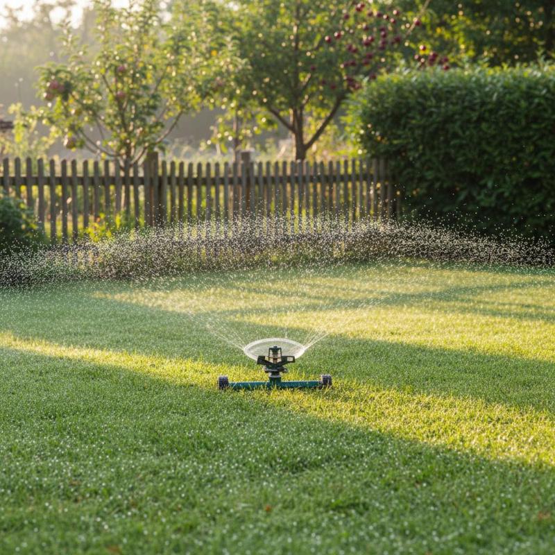 Rasensprenger im frühen Morgenlicht – idealer Zeitpunkt für die Gartenbewässerung Rasensprenger bewässert grüne Rasenfläche im frühen Morgenlicht – idealer Zeitpunkt für die Gartenbewässerung