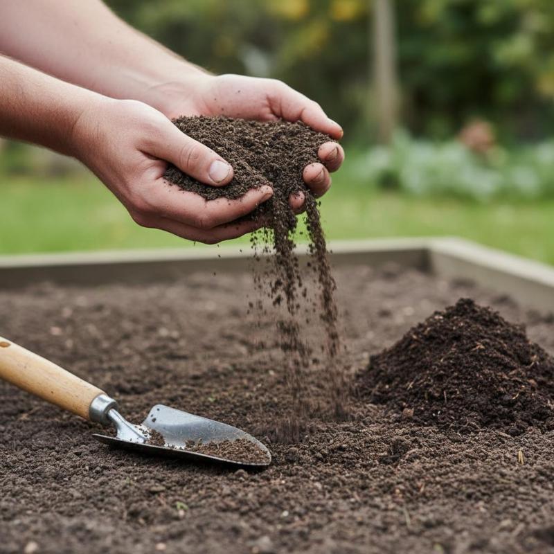 Hände lassen krümelige, dunkle Gartenerde über einem vorbereiteten Beet durch die Finger fallen