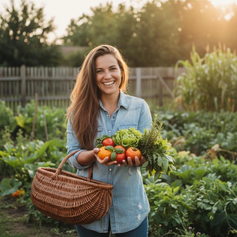 Eine lächelnde junge Frau hält einen Korb mit frisch geerntetem Gemüse, Tomaten und Kräutern aus ihrem Garten