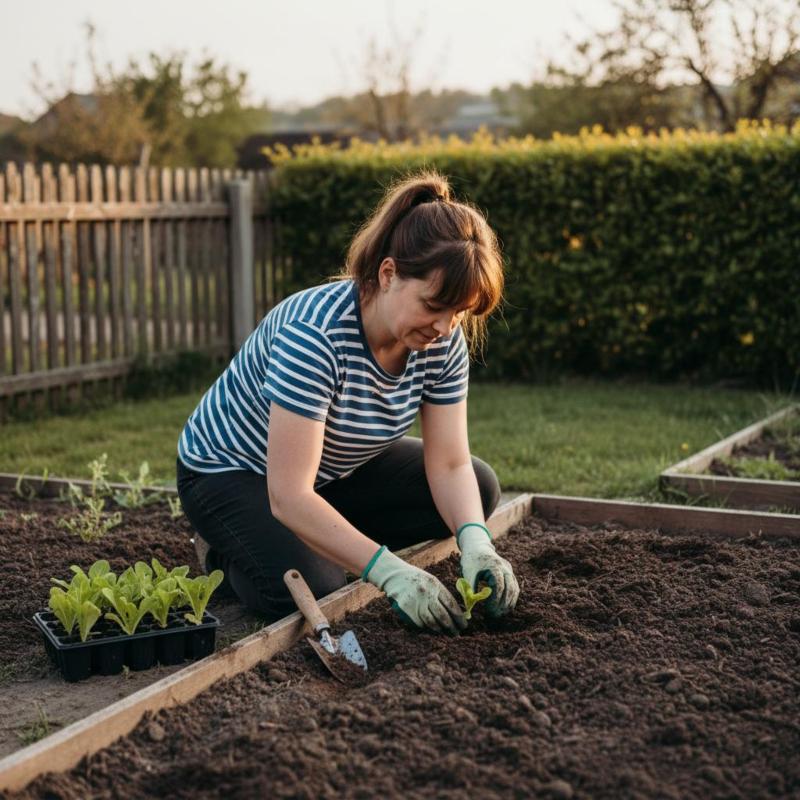 Eine Frau in gestreiftem Shirt pflanzt einen jungen Salatsetzling vorsichtig in ein vorbereitetes Gartenbeet
