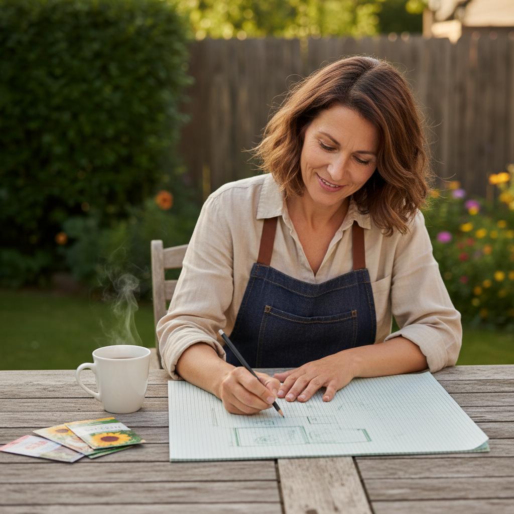 Eine Frau sitzt an einem Gartentisch und zeichnet einen Pflanzplan für ihr Beet auf Millimeterpapier