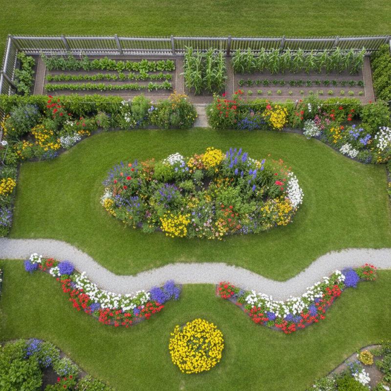 Luftaufnahme eines Gartens mit verschiedenen Beetformen wie rechteckigen Gemüsebeeten, ovalem Inselbeet und geschwungenen Rabatten