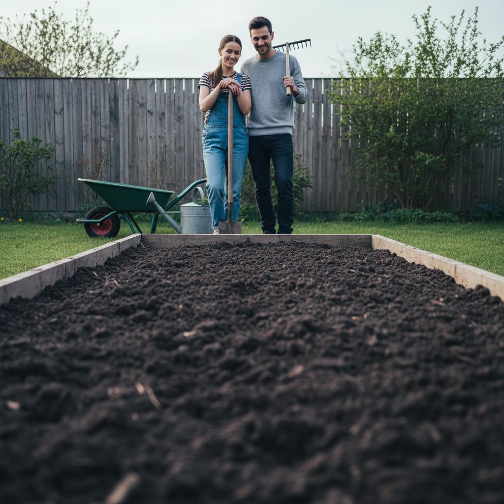 Ein junges Paar steht hinter einem frisch vorbereiteten Gartenbeet mit dunkler, lockerer Erde