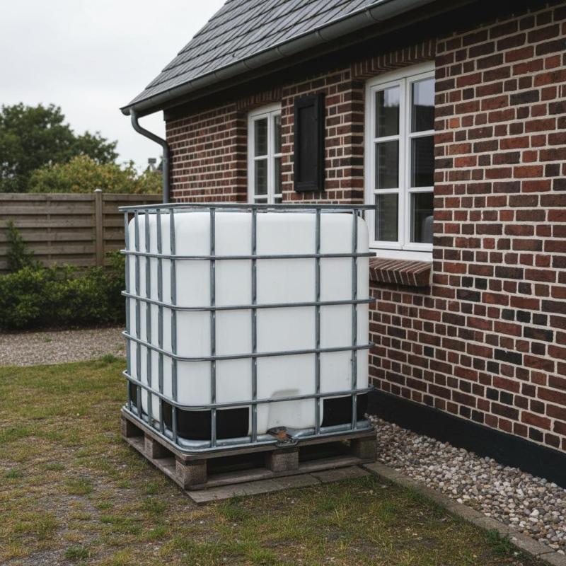 Weißer 1000-Liter-IBC-Container auf PE-Palette neben einem norddeutschen Backsteinhaus