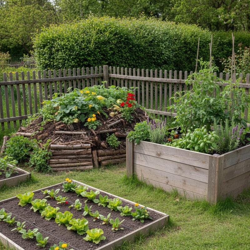 Verschiedene Beet-Bauweisen nebeneinander in einem Garten – Hügelbeet, Hochbeet und ebenerdiges Bodenbeet