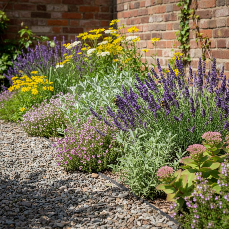 Sonniges Staudenbeet mit Lavendel, Thymian, Salbei und Schafgarbe vor einer Backsteinmauer