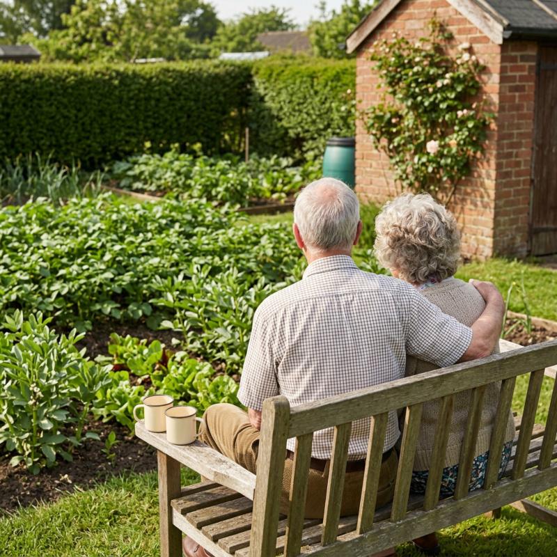 Wer im Mai die Gartenarbeit erledigt hat, kann den Garten in vollen Zügen genießen Älteres Paar genießt im Mai eine Pause im blühenden Garten