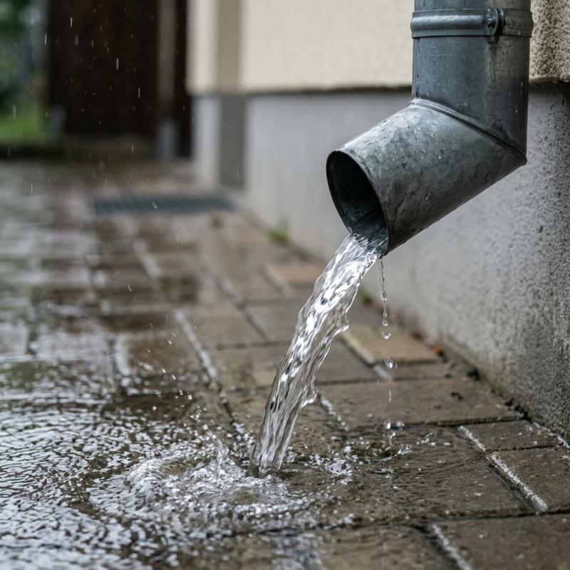 Das Fallrohr ist der zentrale Anschlusspunkt der Regenwassersammelanlage im Eigenbau Regenwasser strömt aus einem Fallrohr auf Pflastersteine