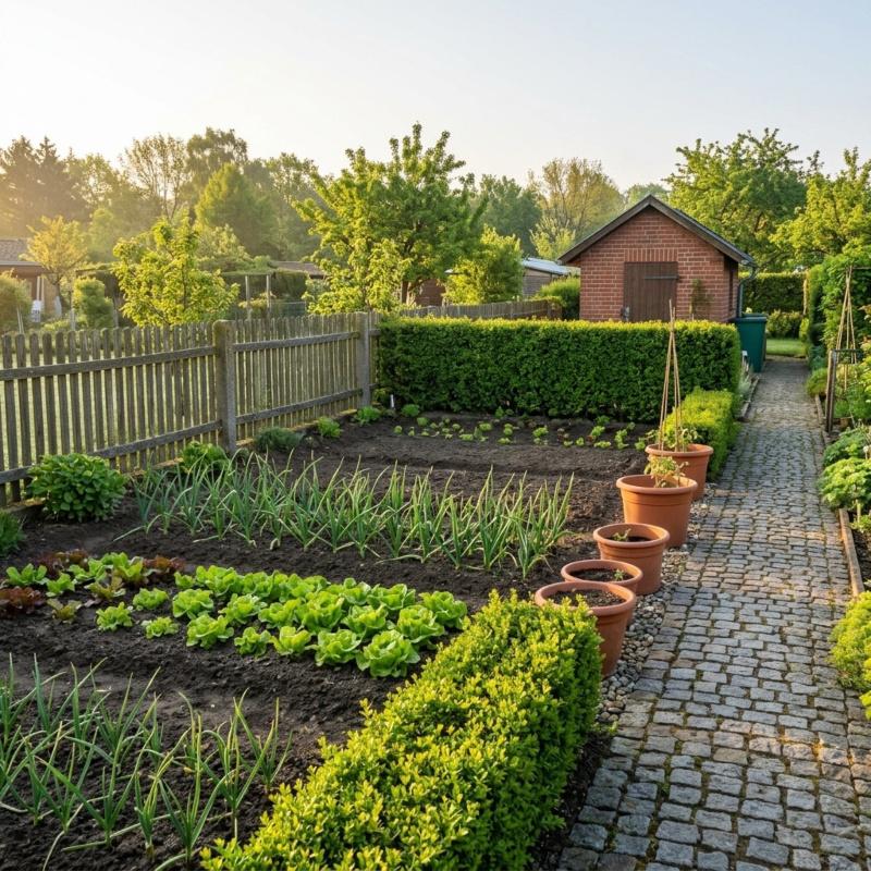 Im Mai zeigt sich der Garten von seiner schönsten Seite – mit frischem Grün, gepflegten Beeten und ersten Blüten Schrebergarten im Mai mit frisch bepflanzten Gemüsebeeten und blühenden Pflanzen