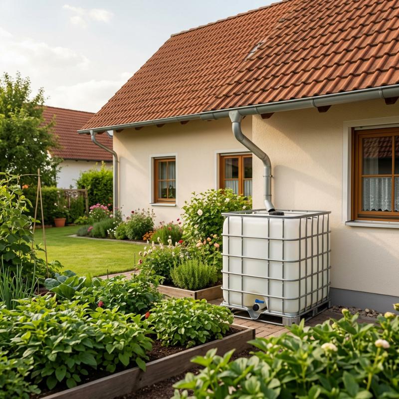 IBC-Container als Speicher für die Regenwassersammelanlage im Eigenbau IBC-Container als Regenspeicher am Fallrohr eines Wohnhauses
