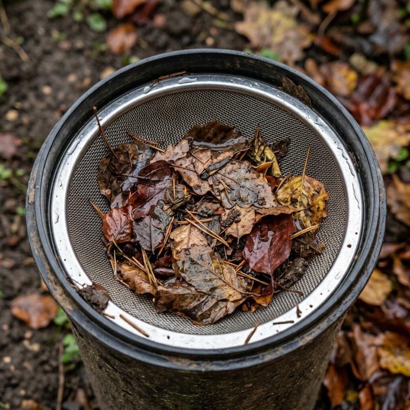 Ein gut zugänglicher Filter hält Laub und Schmutz aus dem Tank fern Herbstlaub sammelt sich im Sieb eines Regenwasserfilters