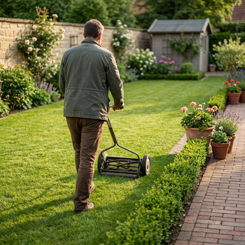 Regelmäßiges Mähen gehört im Mai zu den wichtigsten Gartenarbeiten am Rasen Mann mäht im Mai den Rasen im heimischen Garten