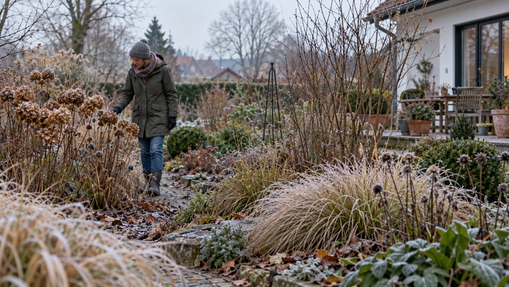 An frostfreien Tagen lohnt ein Kontrollgang durch Beete, Wege und Pflanzflächen Kontrollgang durch den winterlichen Garten mit stehen gelassenen Stauden und Gräsern – Gartenarbeit im Dezember