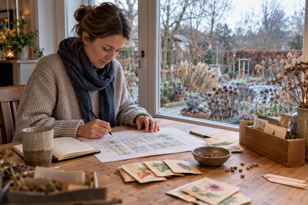 Mit Beetplan und gesichtetem Saatgut lässt sich das neue Gartenjahr in Ruhe vorbereiten Beetplan und Saatguttüten auf dem Tisch vor dem Fenster mit Blick in den winterlichen Garten – Gartenjahr im Dezember planen