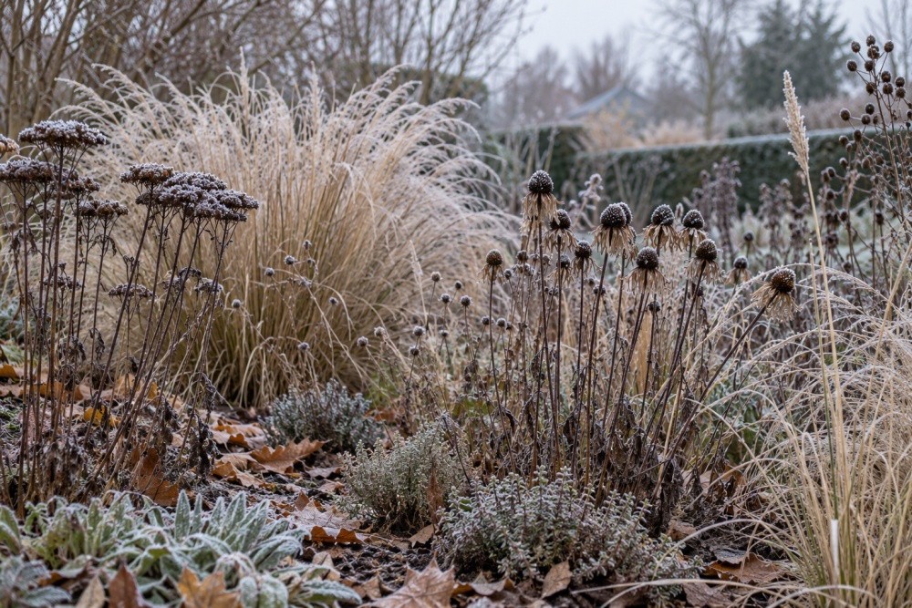 Mit Raureif überzogene Samenstände und Ziergräser geben dem Beet auch im Winter Struktur Stehen gelassene Stauden und Ziergräser mit Raureif im Beet – Gartenpflanzen im Dezember