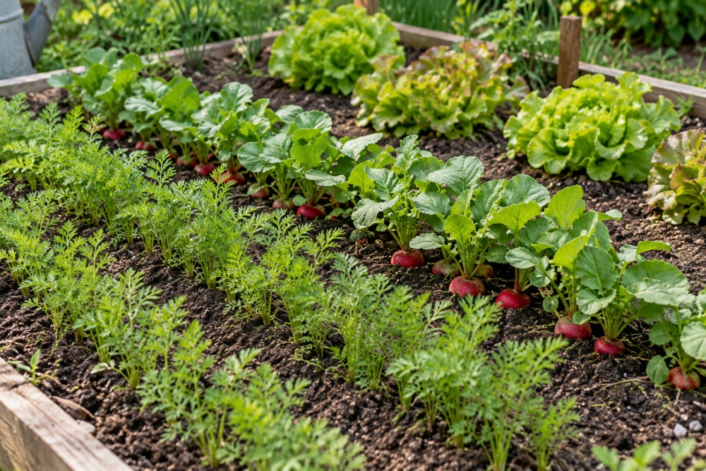 Gemüsebeet mit Holzeinfassung und Reihen von Möhren, Radieschen und Salat