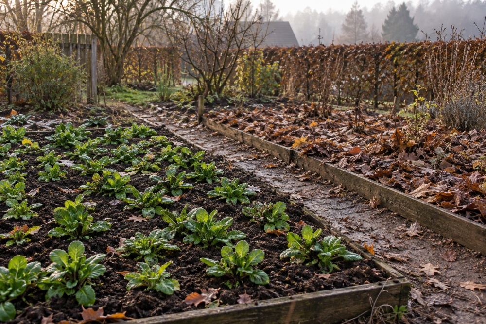 Gemüsebeet im Herbst mit Blattgemüse, daneben ein mit Laub abgedecktes Beet