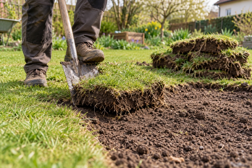 Grasnarbe wird mit dem Spaten abgestochen, daneben gestapelte Grassoden