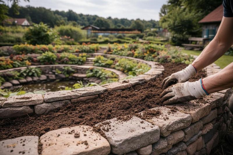 Ein Gärtner bereitet die Erde in einem Kraterbeet vor