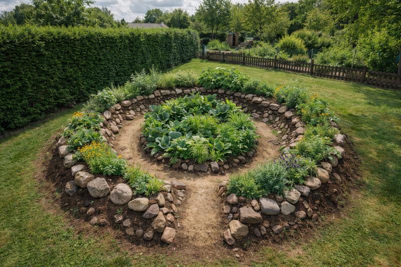 Ein bepflanztes Kraterbeet in einem Schrebergarten