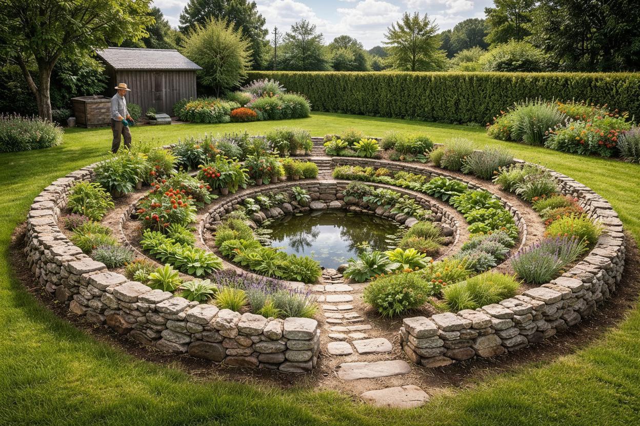 Ein wunderschönes Kraterbeet in einem GArten mit NAtursteinen ummauert