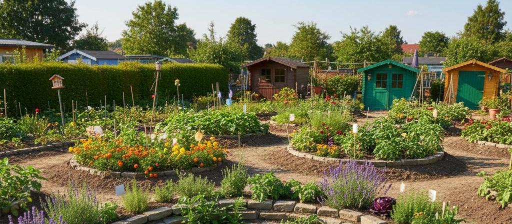 In einem Schrebergarten sind mehrere kleine Kraterbeete zu sehen