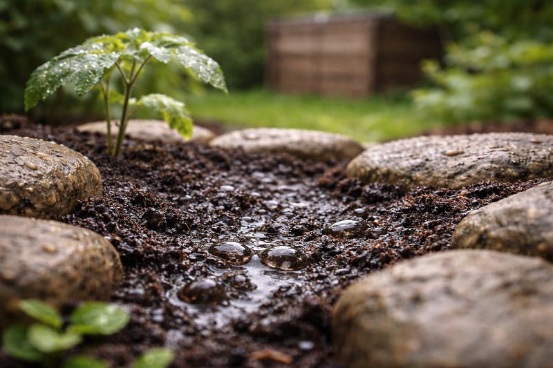 Am Rand eines Kraterbeets sammelt sich Regenwasser