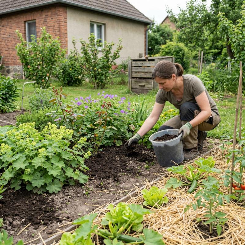 Frau verteilt eine Mulchschicht aus organischem Material im Gartenbeet