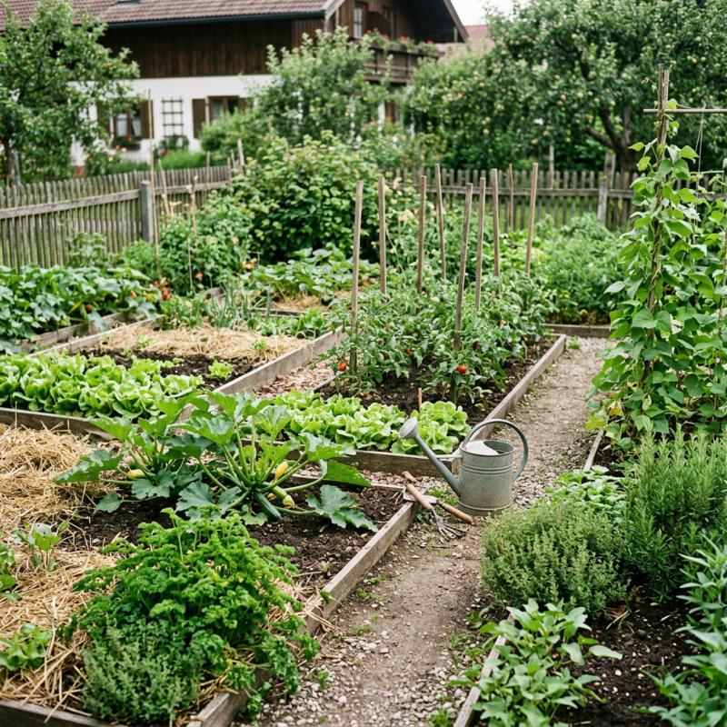 Gepflegter Gemüsegarten mit gemulchten Beetreihen