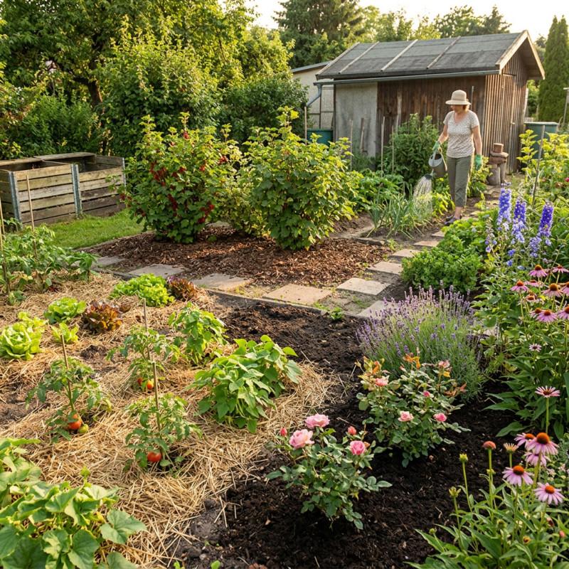 Verschiedene Mulchmaterialien bedecken den Boden eines Gartenbeets
