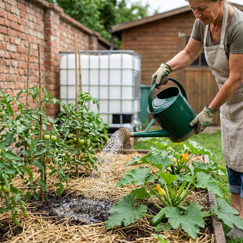 Tomatenpflanzen werden im Garten gewässert