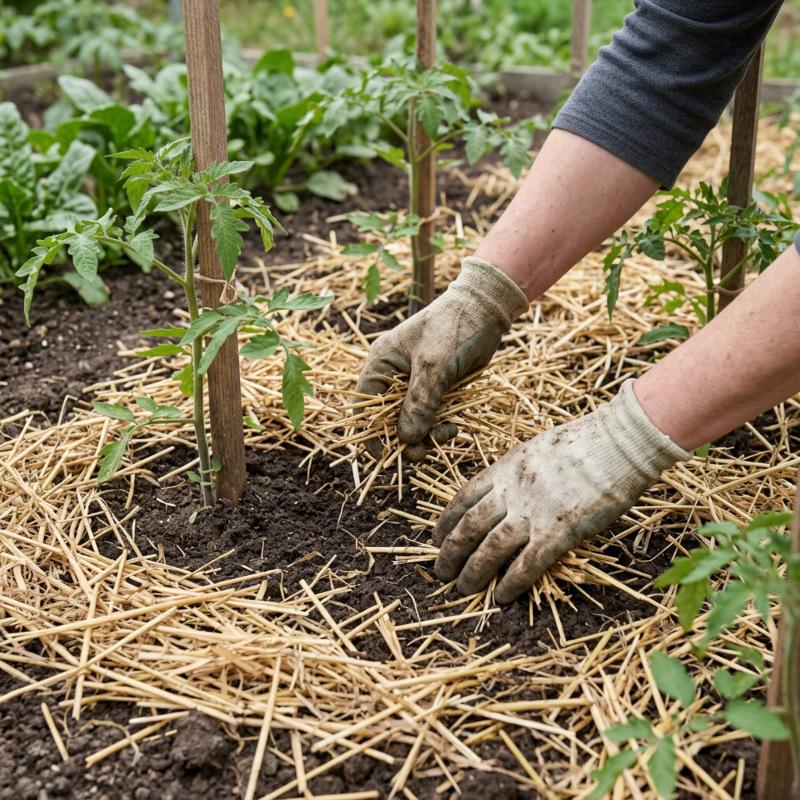 Mit Stroh gemulchte Tomatenpflanzen im Gemüsebeet