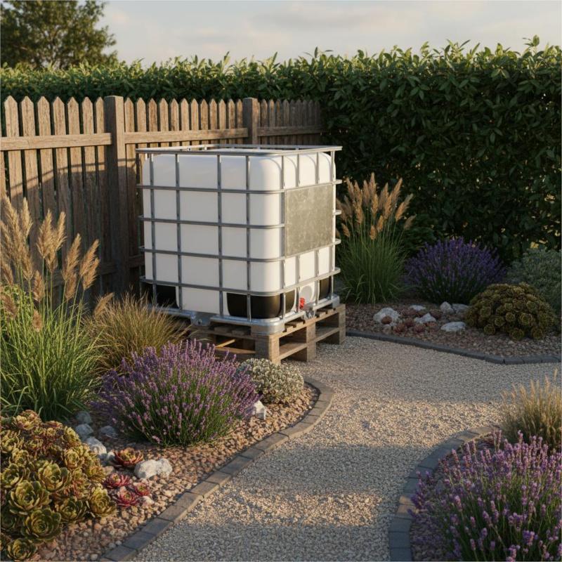 1000l IBC Container Rebottled »FOOD« DN150/50 auf Stahlpalette (Neuwertig) IBC Container als Regenwasserspeicher im Garten neben einem Sandbeet mit trockenheitsliebenden Pflanzen