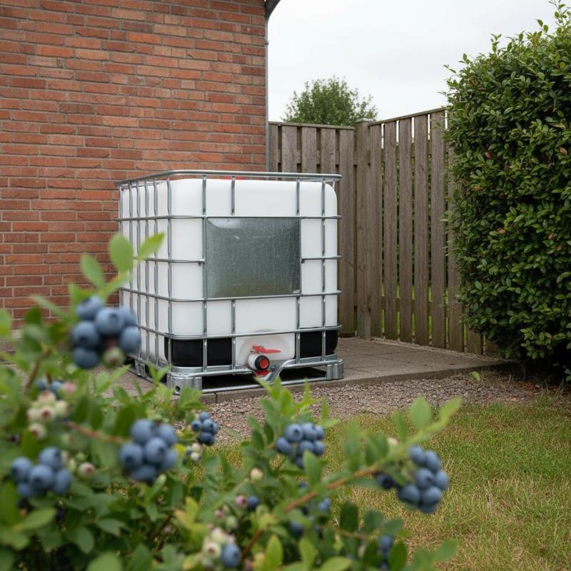 1000l IBC Wassertank DN150/50 auf Stahlpalette (Gebraucht/Gespült) IBC-Container 1000 Liter als Regenwassertank im Garten, Heidelbeeren im Vordergrund