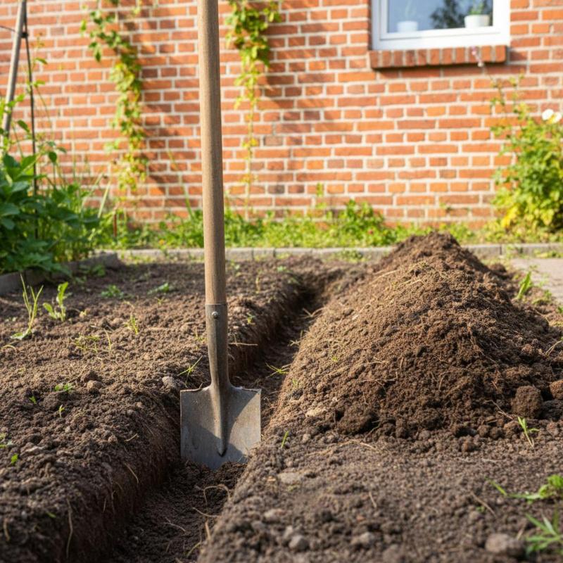 Den Oberboden auszuheben ist beim Anlegen einer der ersten Schritte Spaten beim Ausheben von Erde in einem Garten, Aushub seitlich gelagert