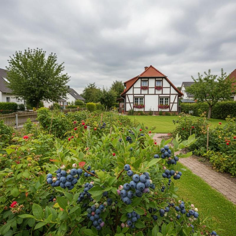 Heidelbeeren im Garten sind ein leckerer und gesunder Snack Üppiger Beerengarten mit Heidelbeeren vor deutschem Fachwerkhaus im Sommer