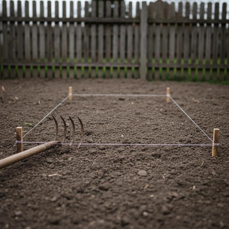 Als erstes wird die Beetfläche abgesteckt Abgestecktes Gartenbeet mit Schnur und Pflöcken, Grabegabel liegt daneben