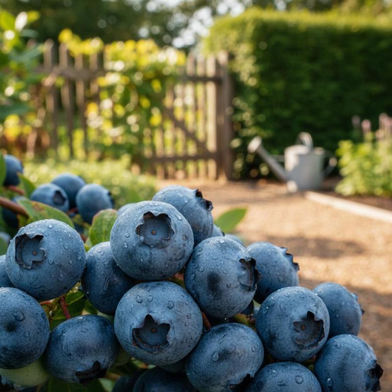 Heidelbeeren im Garten – Wasserqualität entscheidet über Ertrag und Gesundheit Reife Blaubeeren im Vordergrund mit Gartentor und Gießkanne im Hintergrund