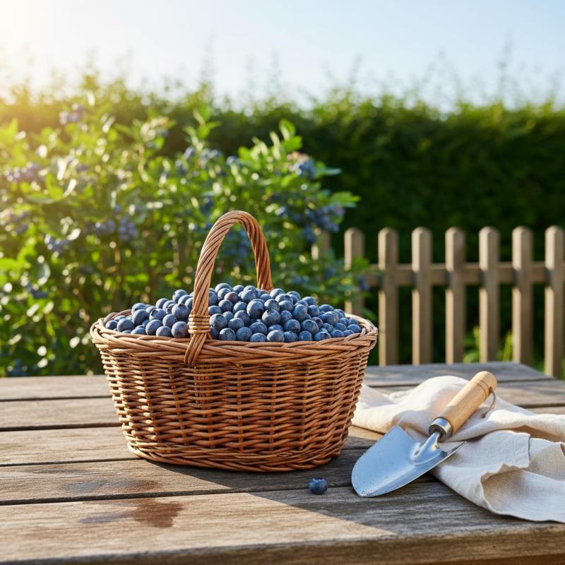 Frisch geerntete Heidelbeeren – das Ergebnis richtiger Bewässerung und Düngung Frisch geerntete Heidelbeeren in einem Weidenkorb auf einem Holztisch im Garten